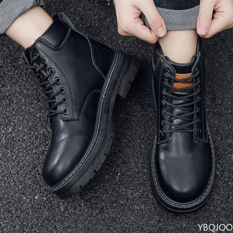 Bota Masculina Cano Alto Aumento de Altura Sola Grossa Primavera Outono Tamanho Grande Tendência Nicho Versátil Antiderrapante Bota Curta