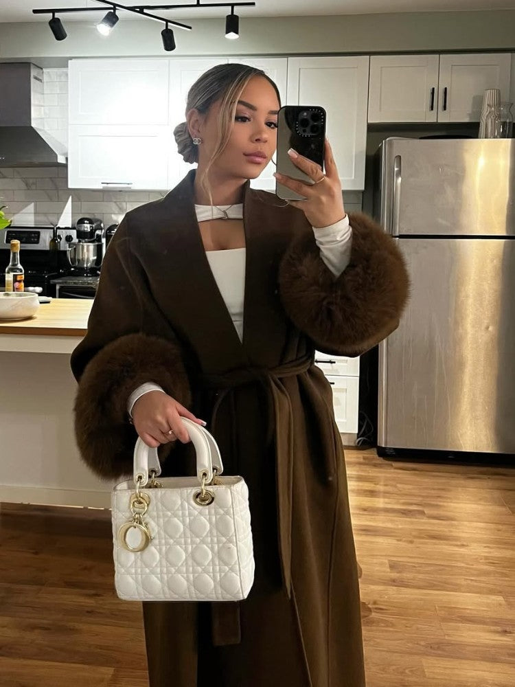 Elegant Faux Fur Cuffs Woolen Coat With Belt For Women Fashion Lapel Long Sleeve Lace Up Maxi Jacket Lady 2025 Autumn Outerwear