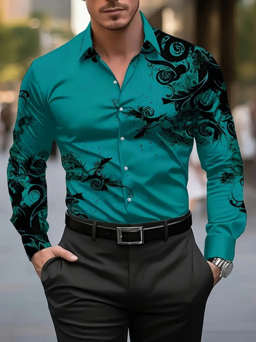 Men's floral-print ethnic-style blouse, Western-style denim shirt, long-sleeved