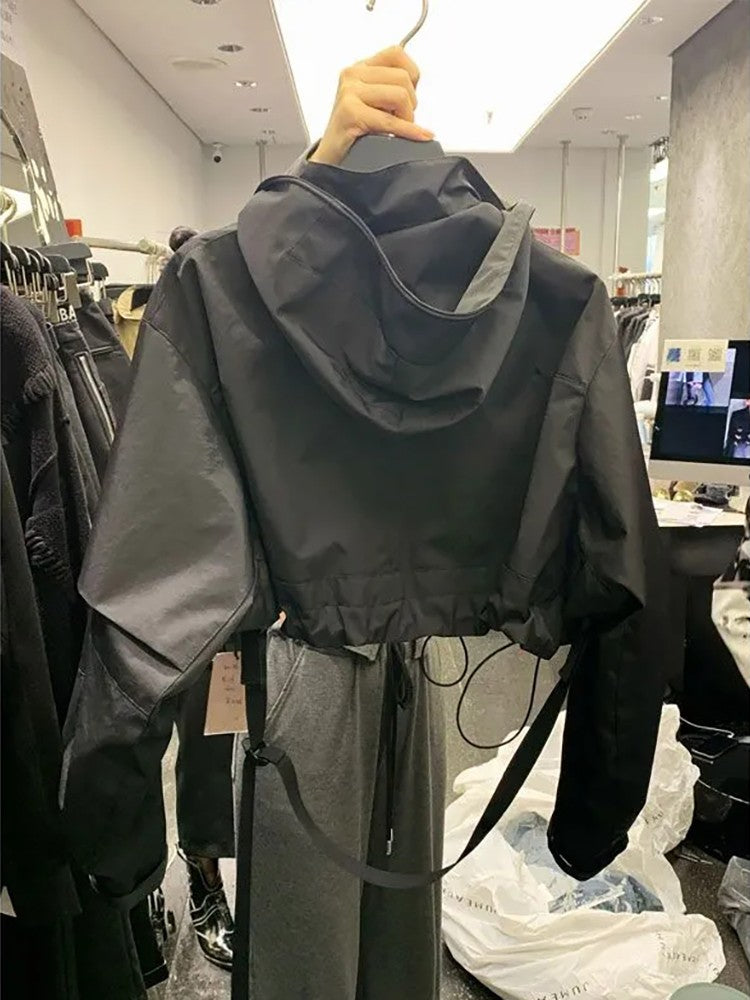 Fashion Short Hooded Jacket 2025 New Spring Black Loose Motorcycle Coats Female Street  Windbreak Short Basic Coat