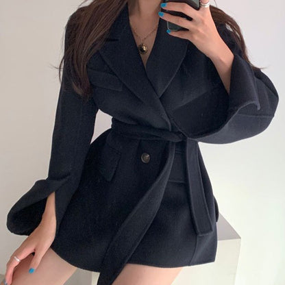 Retro Chic Autumn Winter Woolen Coat One Button Long Sve Suit Collar Waist Cinched Side Slit Warm Knitwear for Women