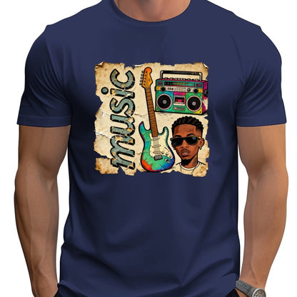 Loose large size Cartoon guitar street style T-shirt cool graphic print Fun Hip Hop 100% Cotton Top