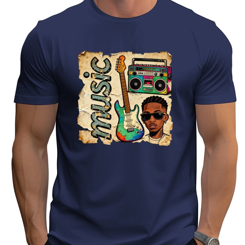 Loose large size Cartoon guitar street style T-shirt cool graphic print Fun Hip Hop 100% Cotton Top
