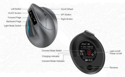 Lefon Bluetooth Mouse Vertical Sem Fio Ergonômico com Tela OLED RGB USB Mouse Óptico Recarregável para PC Laptop Gamer