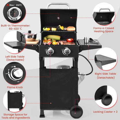 Churrasqueira a Gás de 2 Queimadores com 234 POL.QUAD. Grelhador Exterior com 16.000 BTU, Grelhadores a Propano com Tampa Superior, Grelhadores para Cozinha Exterior
