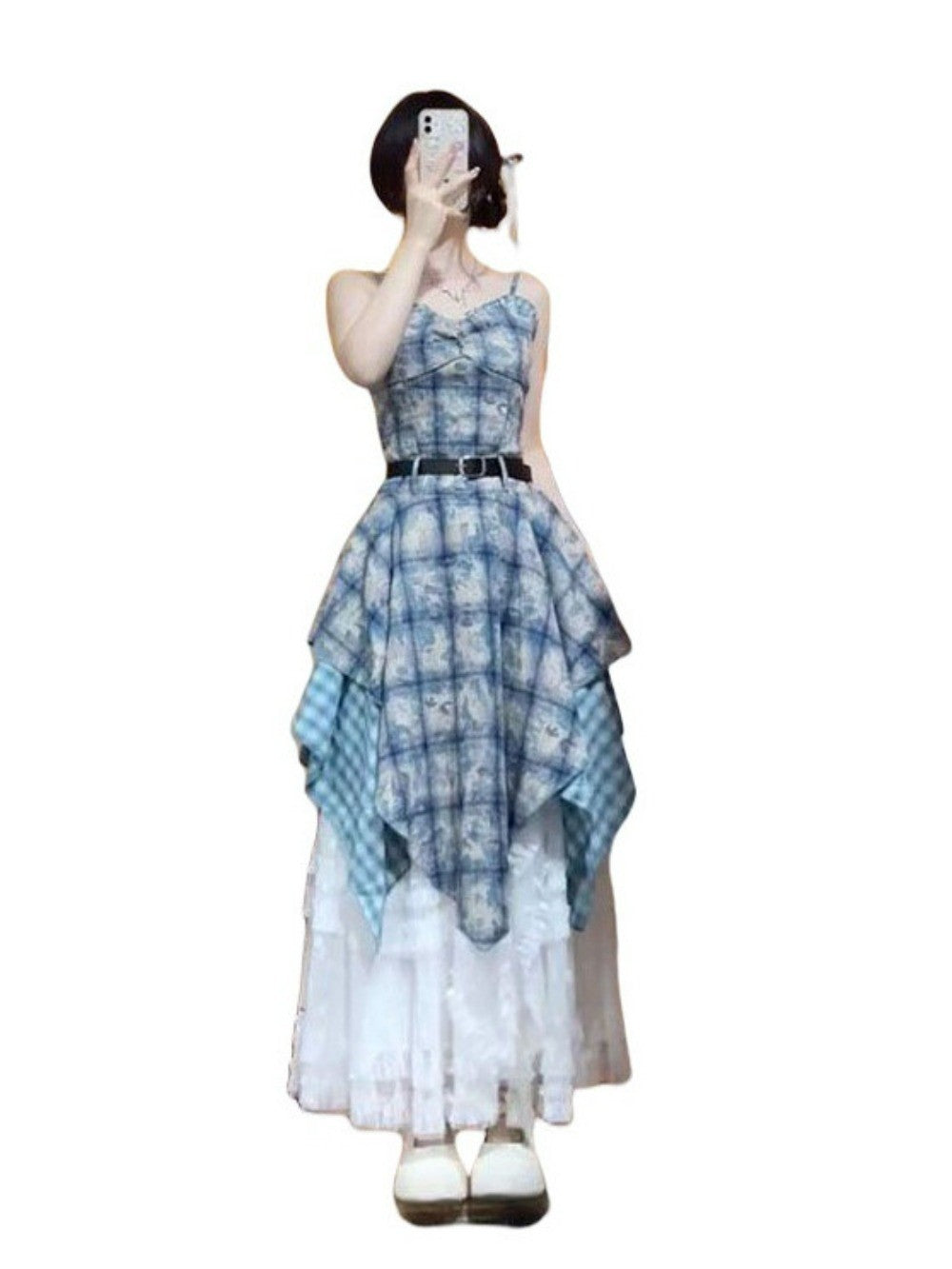 Watercolor Gingham Slip Dress Women 2025 Summer Sweetheart Aesthetic Asymmetric Tie Waist A Line Dreamcore Romance