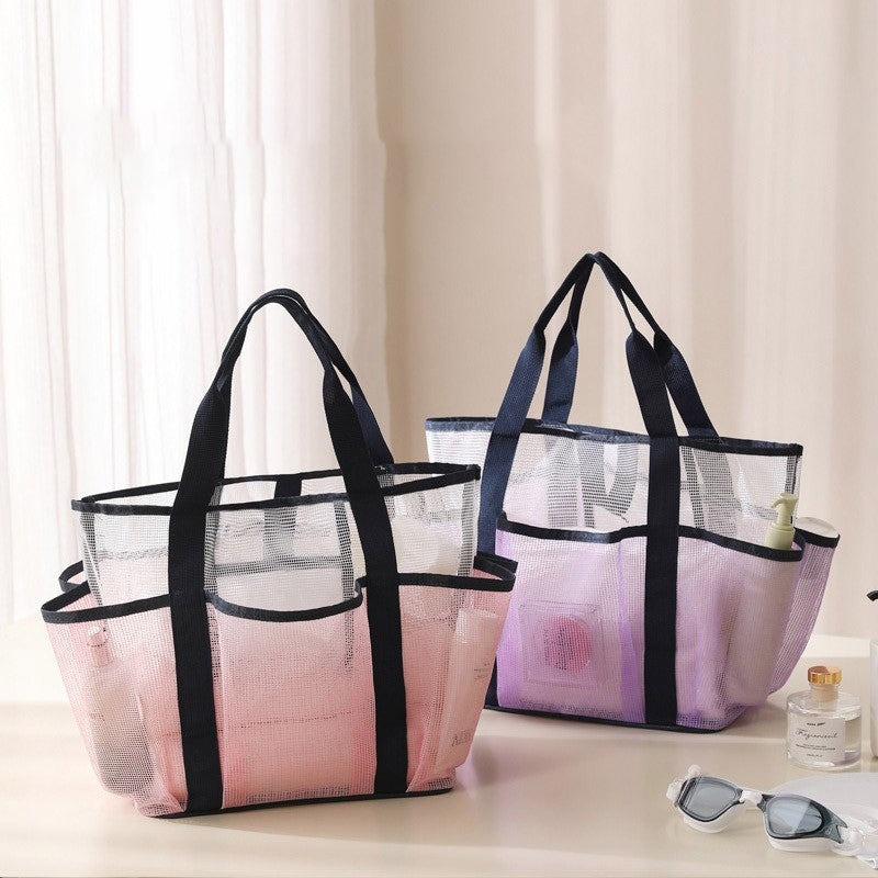 Multi Pocket Mesh Beach Bag Fitness Sports Storage Bag Seaside Swimsuit Bag Large Capacity Tote Bag Portable Toiletry Organizer
