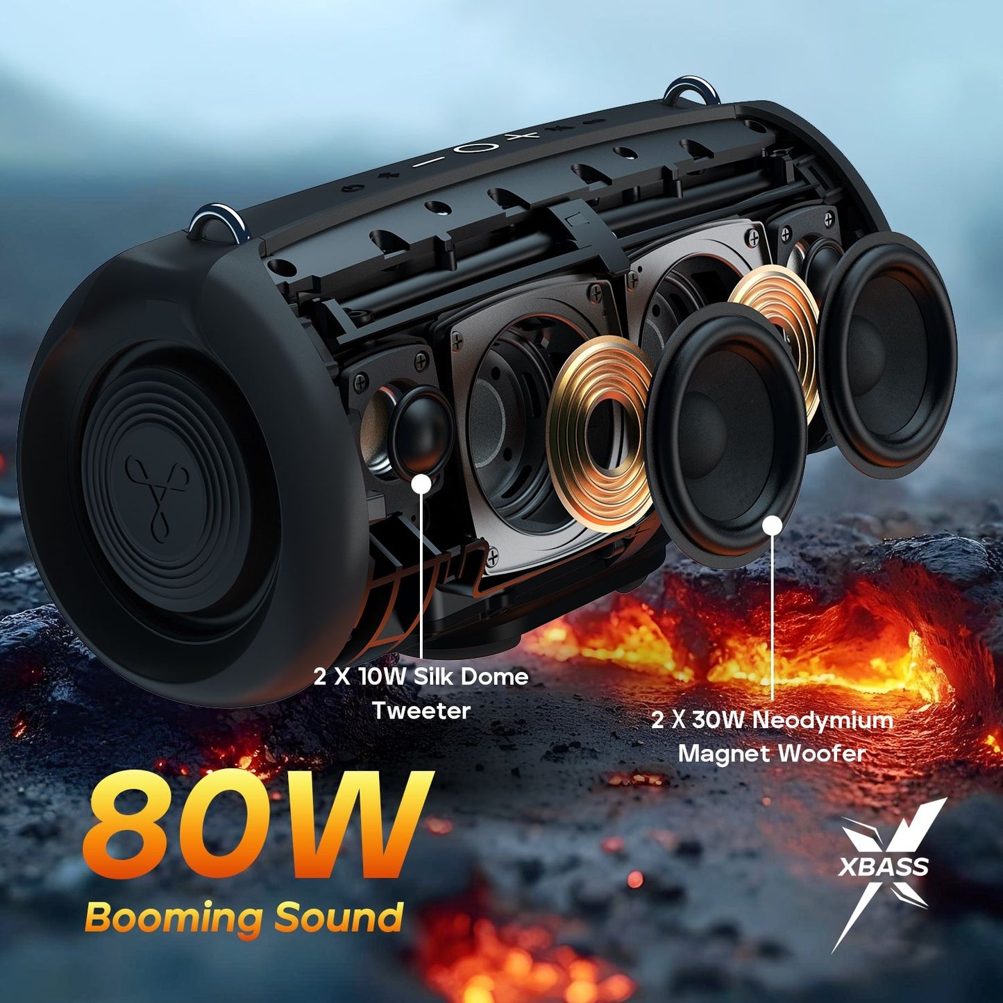 TRIBIT StormBox Lava 80W Caixa de Som Bluetooth Portátil com Powerbank Integrado, Controle por Aplicativo, IP67 à Prova D'água para Uso Externo, Acampamento, Festas