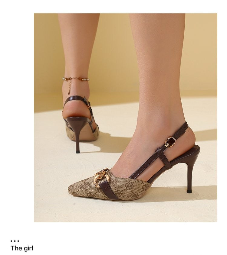 2025 Women's Fashion Baotou Sandals Spring New Pointed Head Shallow Mouth Metal Buckle Anti-slip Wear-resistant High Heels