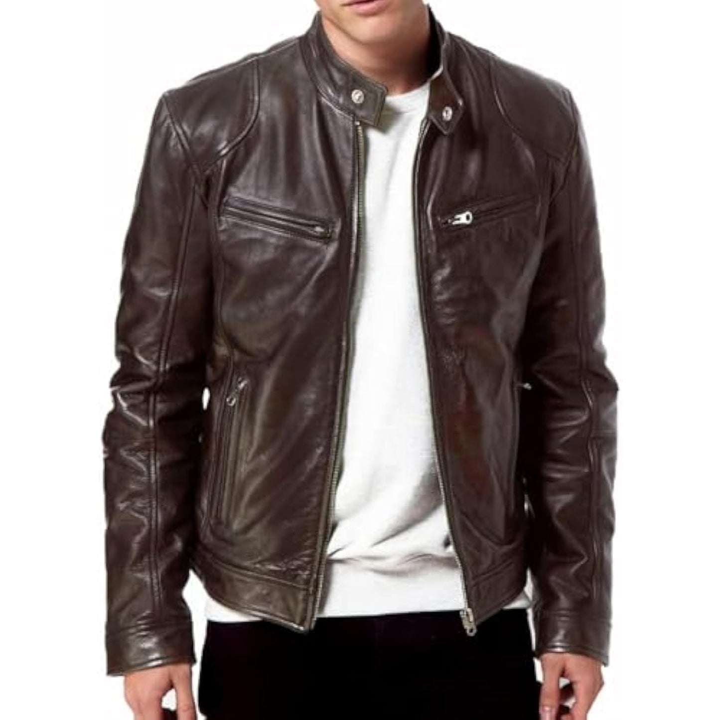 Men's Retro True Brown Motorcycle Jacket New High Quality Men's Casual Coat Men's Black Genuine Lambskin Leather Biker Jacket