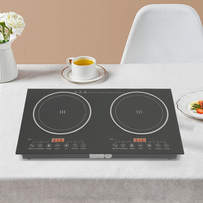 Fogão de Indução Elétrico Duplo, 110V 1200W Portátil Digital de Bancada com Queimadores Duplos