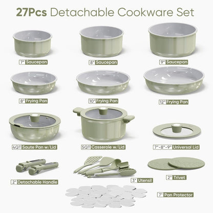 27pcs Ceramic Cookware Set Nonstick, Pots and Pans Set Non stick, Non Toxic Cookware, Dishwasher/Oven Safe, RV/Camping Cookware
