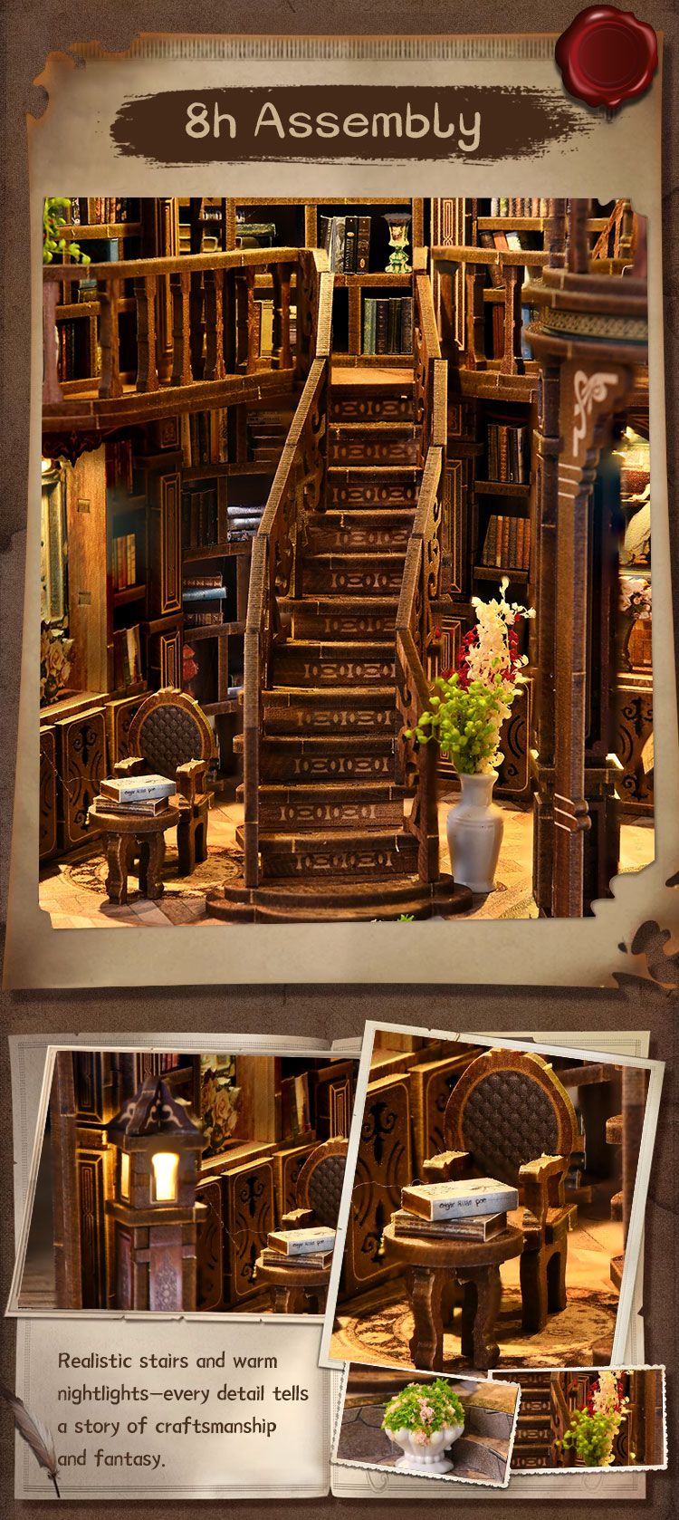 3D Retrô Sonhador Sala de Livros DIY Casas de Madeira em Miniatura Kits Decoração de Mesa para Adultos Presentes de Natal Artesanais