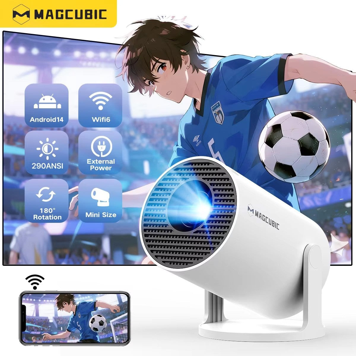 Projetor Magcubic HY300 Pro 8K HD Android14 Dual Wifi6 290ANSI Allwinner H726 BT5.4 Projetor de Cinema Doméstico para Exterior Atualização HY300