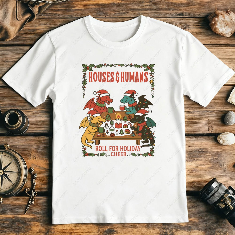 2025 Christmas DND T-Shirt Houses and Humans D&D Men Women Cotton T-shirt Dungeons Gift Funny Xmas Dnd Houses Humans Parody Tops