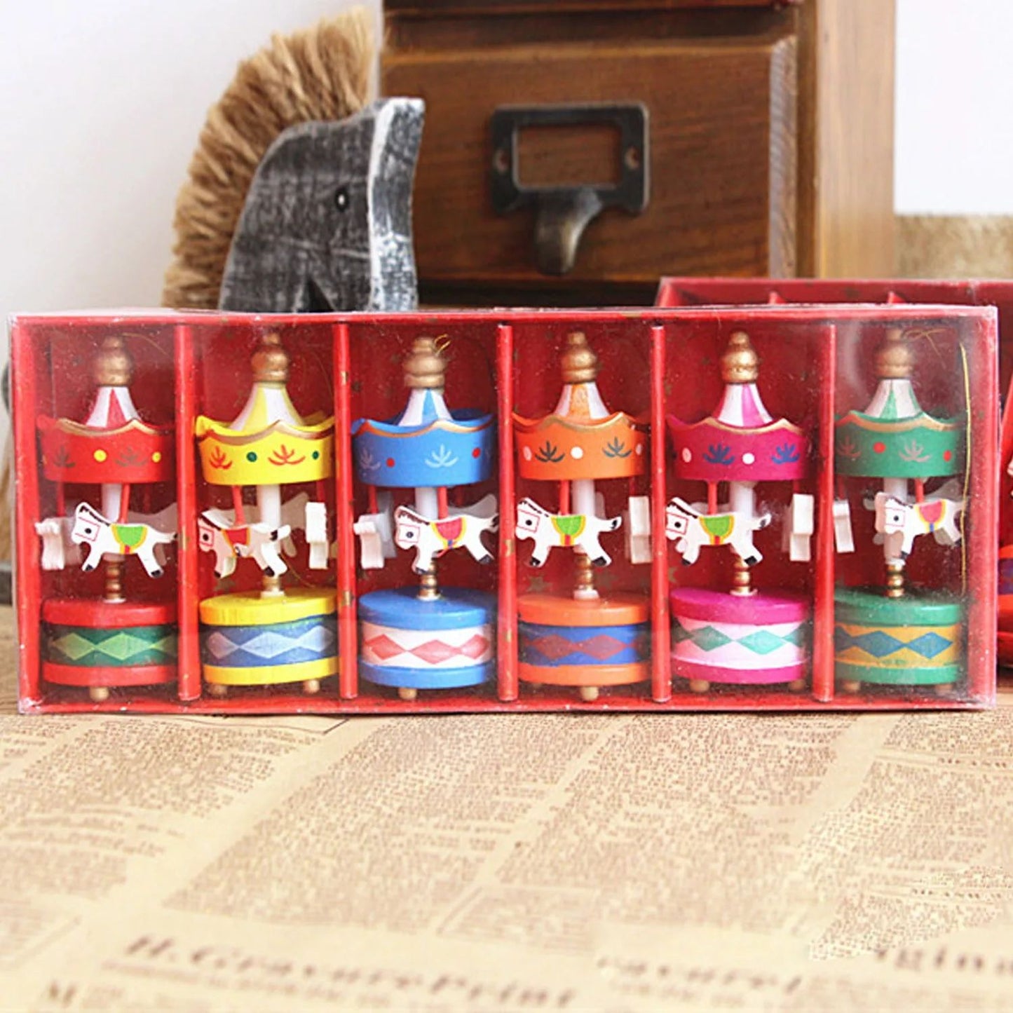 Christmas Wooden Carousel Horse Miniature Ornaments Christmas Tree Hanging Pendants New Year Gift Toy For Kid Home Party Decor