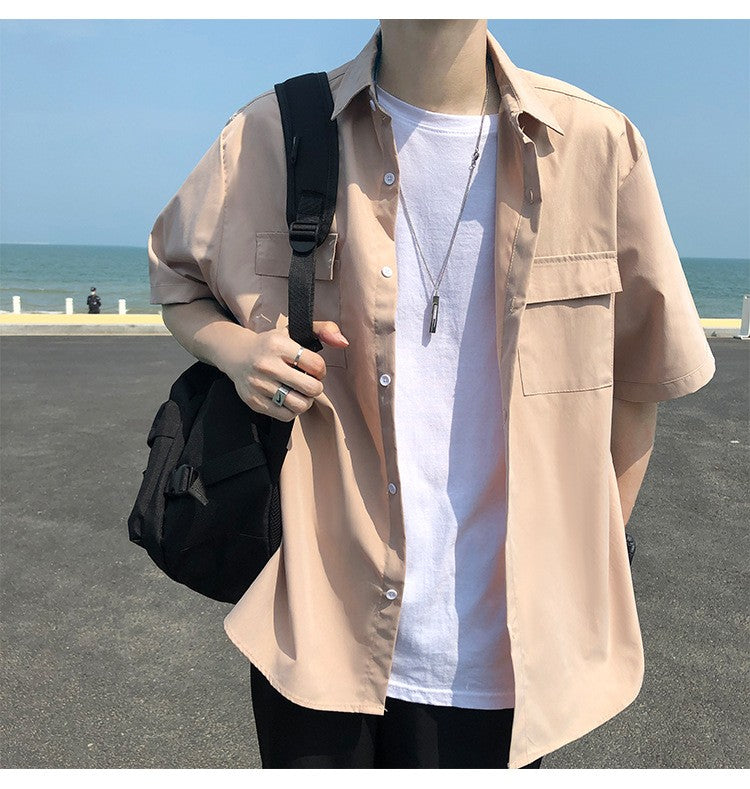Summer Basic Shirts for Men 2025 New Half Sleeve Cargo Shirts Loose Casual Lapel Cardigan Tops Male Shirt Coats Retro Streetwear