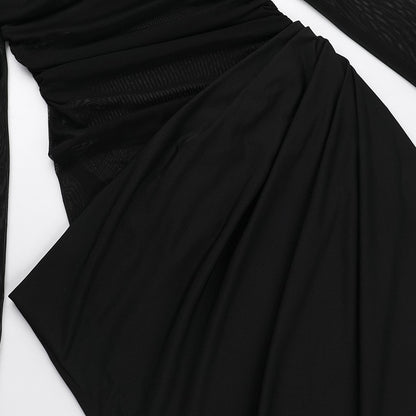 Y2k Summer New Solid Color Long Sleeve Off Shoulder Dresses Sexy Wrap Hip Mesh S