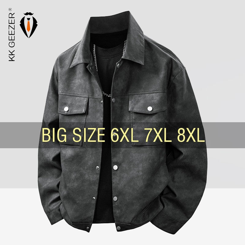 Leather Jacket Men Suede Coats Black Pockets Oversized 6XL 7XL 8XL Plus Size Street Motorcycle Button Autumn Brand Waterproof