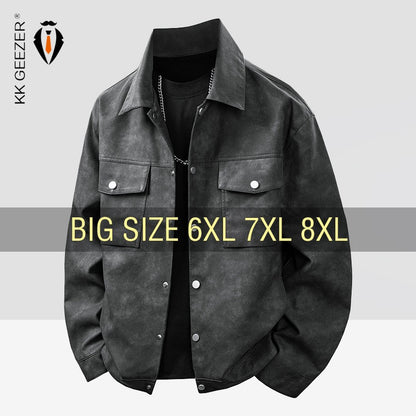 Leather Jacket Men Suede Coats Black Pockets Oversized 6XL 7XL 8XL Plus Size Street Motorcycle Button Autumn Brand Waterproof