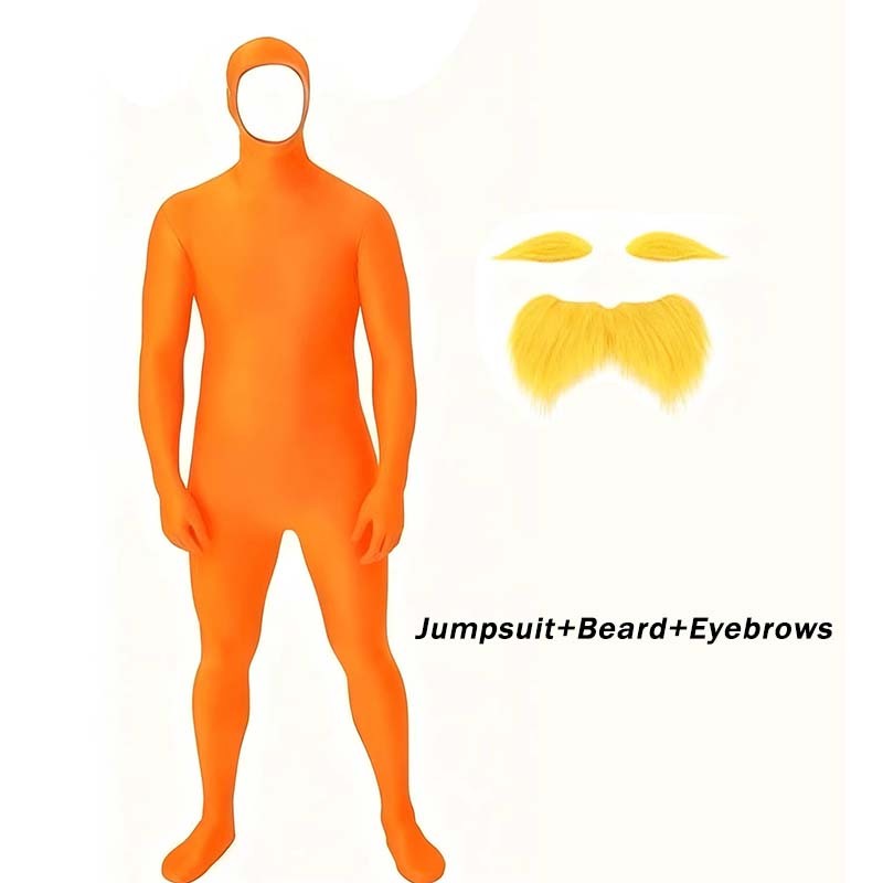 Adult Orange Zentai Bodysuit Open Face Skin Tight Jumpsuit with eard Eyebrow Halloween Cosplay Costume Unisex Full Coverage