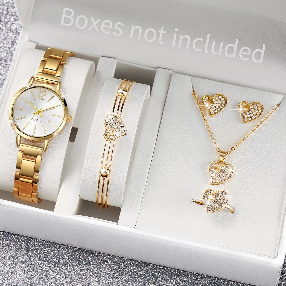 6PCS/Set Women's Watch Fashion Stainless Steel Band Analog Quartz Watches Heart Jewelry Set?Without Box?