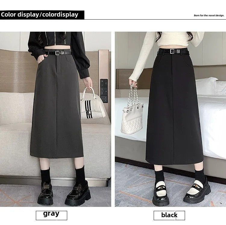 Grey High-waisted A- line Skirt Half Dress Petite Long Dress Autumn/winter For Women Side Slit Workwear