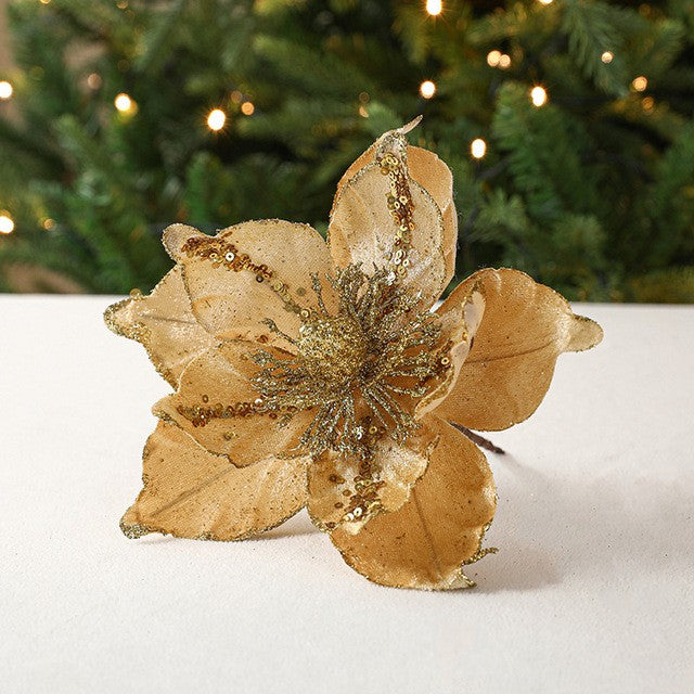Gold Simulation Christmas Flower Christmas Tree Decorative Flower 20cm Sequin Velvet Ecoration
