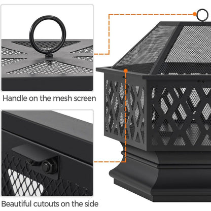 Yaheetech 28in Hex Shaped Fire Bowl - Large Wood Burning Outdoor Fire Pit with Spark Screen & Poker for Bonfire, Picnic, BBQ