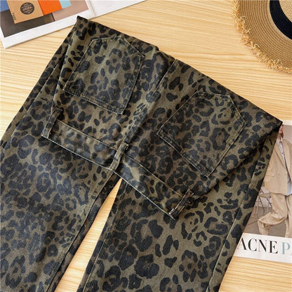 Casual Loose Womens Jeans Retro American Style Leopard Print Design Straight Leg Pants Workwear Fashion Winter  Women's pants