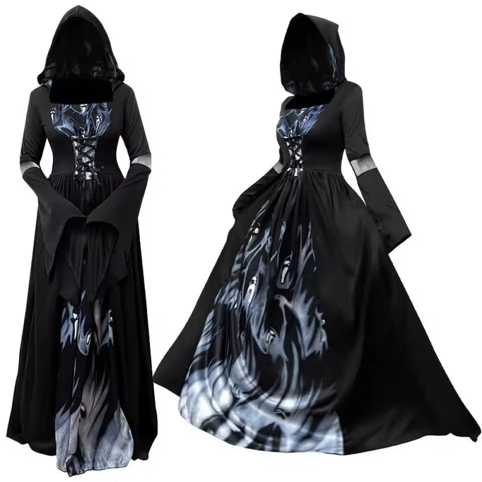 Halloween Witch Dress Gothic Vintage Dark-Style Hooded Vampire Dresses Bell Sleeves Full Skirt Waist Cinched Festival Party Gown