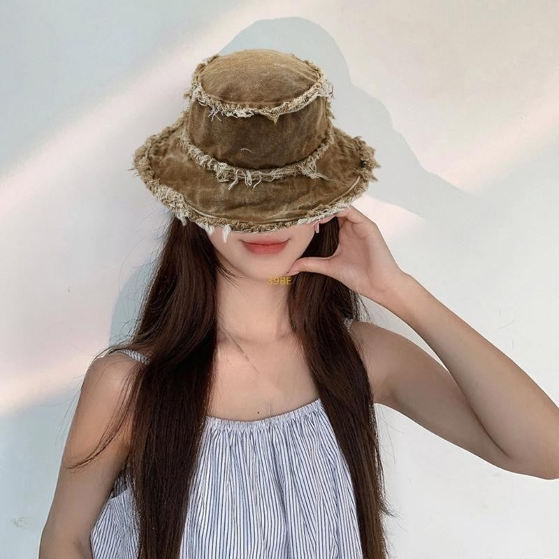Chapéu Bucket Desfiado para Adulto, de Férias, Primavera, Proteção Solar, Chapéu de Pescador Desgastado