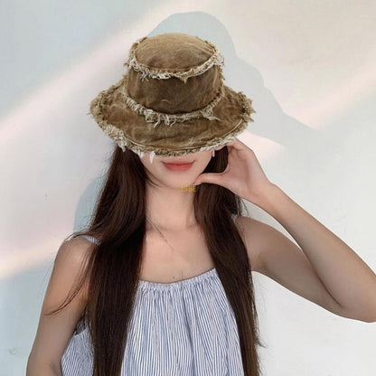 Chapéu Bucket Desfiado para Adulto, de Férias, Primavera, Proteção Solar, Chapéu de Pescador Desgastado