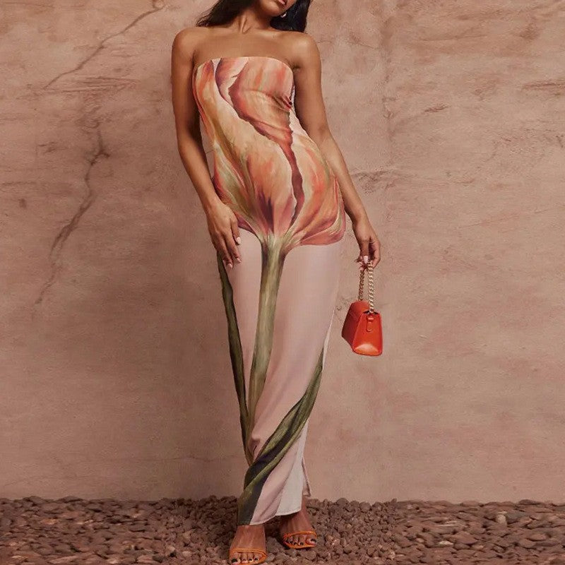 Sexy Strapless Backless Printed Long Dress Women Fashion Sleeveless Off Shoulder