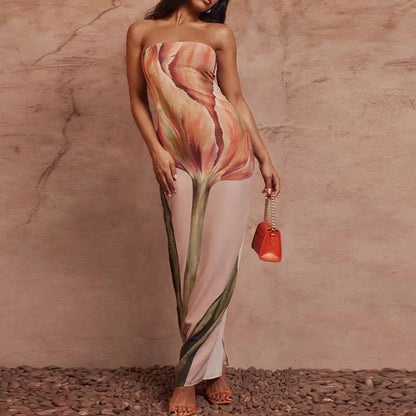 Sexy Strapless Backless Printed Long Dress Women Fashion Sleeveless Off Shoulder