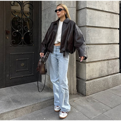 Vintage PU Leather Bomber Jackets 2025 Autumn New Ladies Zipper Lapel Long Sleeve Pocket Coat With Belt Women's Loose Streetwear