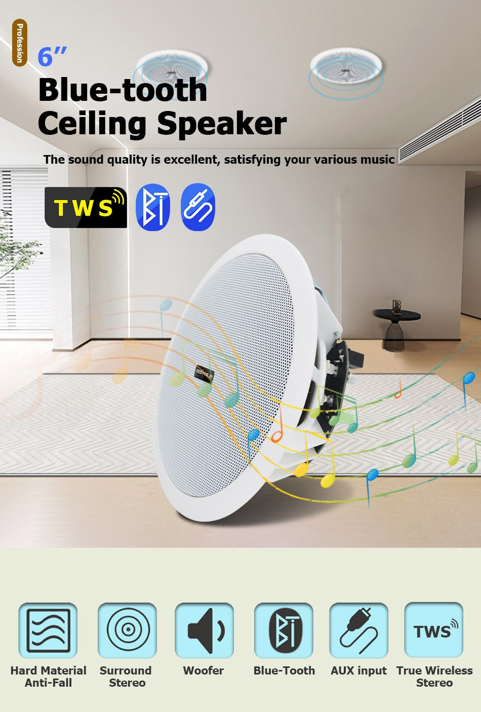 Caixa de som Bluetooth ativa para casa e comércio e alto-falante de teto com fio estéreo de música ambiente para Home Theater 10W