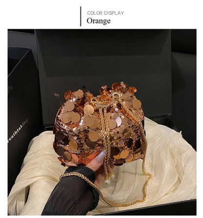 Sequin Chain Women's Portable Bucket Shoulder Bags Retro Ladies Dinner Party Clutch Purse Luxury Design Female Crossbody Bag