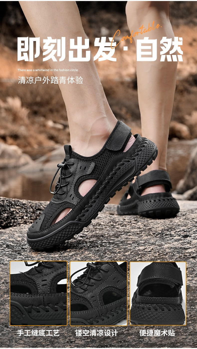Sandals men's tide summer new style leather toe cap outdoor leisure sports hollow sandals beach shoes Handmade mesh men shoes