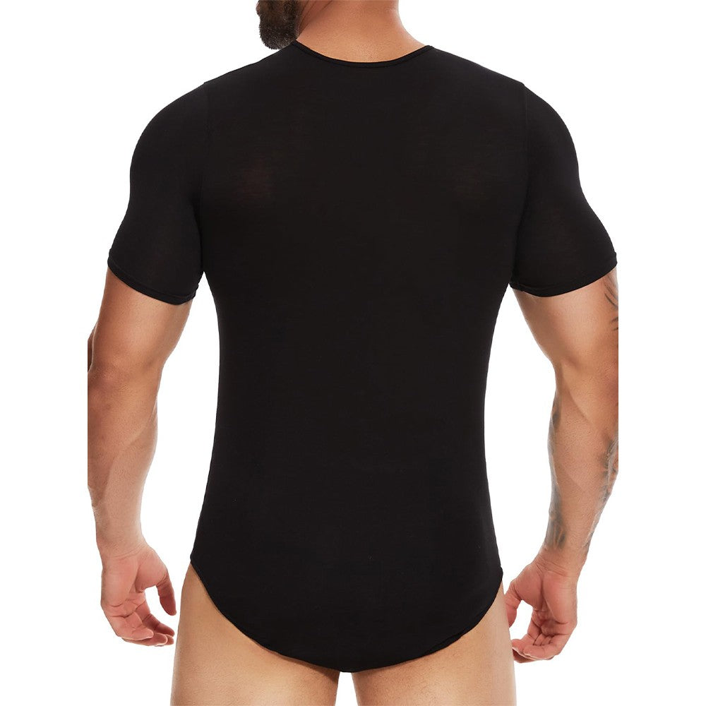 Men Short Sleeve Bodysuit Press Botton Crotch Shirt Pajamas Bodysuit Undershirts Leotard Top