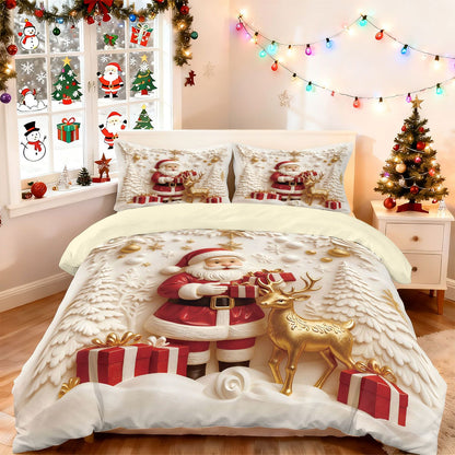Jogo de Cama Sem Fio com Estampa de Boneco de Neve Feliz Natal 3 Peças Vários Tamanhos Decoração de Quarto Lavável na Máquina