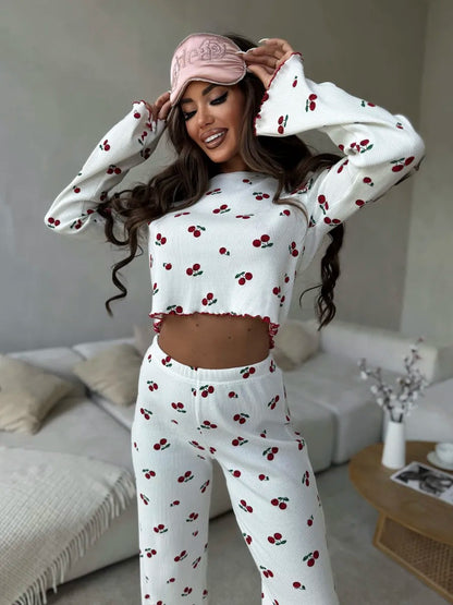 Lace Trim Women Pajama Set Short Sleeve Front Button Top & Full-Length Pants Cherry Print 2 Pieces Sleepwear Nightwear Homewear