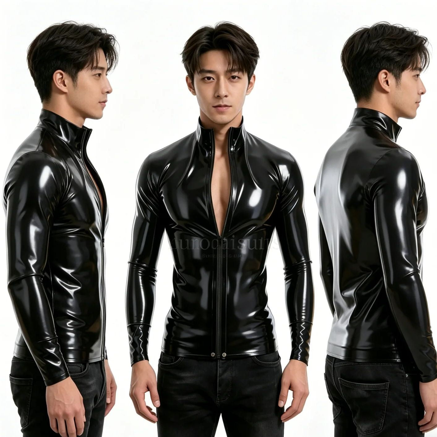 Men's Black Long Sleeve Latex Jacket Shirt Zip Up Mock Neck Slim Fit Rubber Top Club Party Stage Cosplay