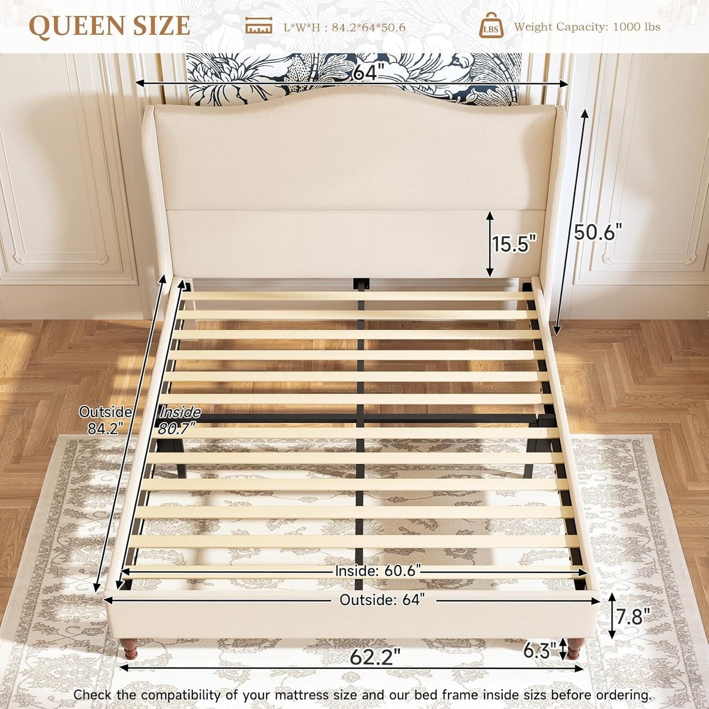Queen Size Bed Frame Upholstered Platform Bed with 51" Tall Headboard Wingback, Soft Fabric, Retro Simple Style Platform