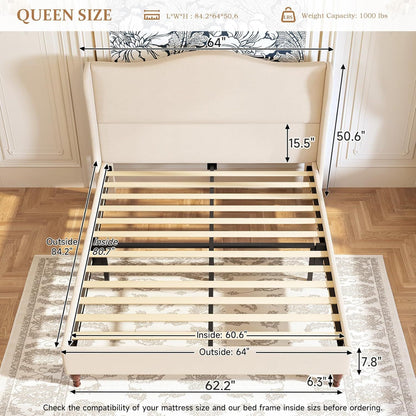 Queen Size Bed Frame Upholstered Platform Bed with 51" Tall Headboard Wingback, Soft Fabric, Retro Simple Style Platform
