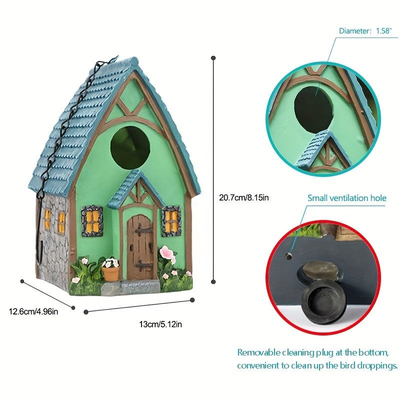 Casa de Pássaro Rústica para Jardim, Resina ABS Durável com Telhado de Madeira. Ideal para Observação de Pássaros e Decoração Externa. Não Precisa de Bateria.