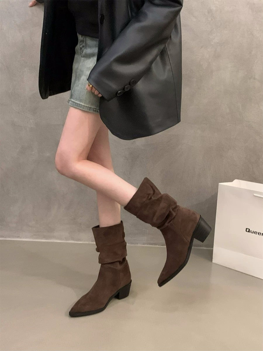 Vintage Pointed Toe Women Ankle Boots Fashion Elegant Soft Suede Shoes Autumn Winter Low Heel Women's Short Booties D423