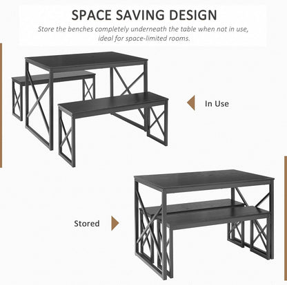 Wooden Kitchen Table Set with Metal Frame and 2 Benches for 4 People, Dining Set for Breakfast Nook and Small Spaces