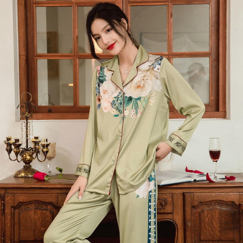 Lightweight Long-Sleeve Silk Pajamas Set for Young Girls French-Style Casual Homewear Nightwear Women's Comfortable Sleepwear