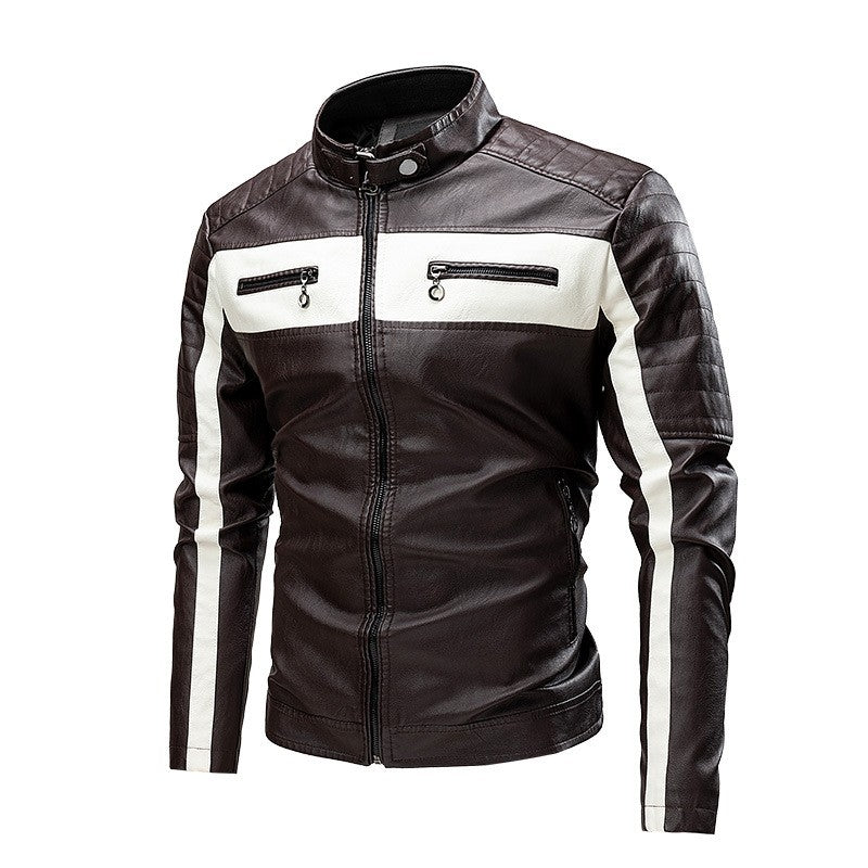 2025 New Color Blocked Stand Up Collar PU Leather Motorcycle Bike Jackets for Men,multi-color Spring Autumn  Thin Casual PU Coat